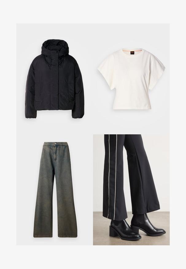 Geacă puffer neagră cu guler înalt și glugă, având două buzunare frontale și manșete elastice. Material neted, ușor, cu un finisaj mat.; Tricou alb scurt, cu mâneci scurte și largi, din bumbac moale, cu decolteu rotund și un finisaj subtil portocaliu, design minimalist, fără modele sau grafice.; Blugi evazați de culoare albastru închis cu talie înaltă, cu închidere frontală cu nasturi și textură subtilă. Țesătura pare ușor decolorată.; Bocanci de piele negri până la gleznă, cu toc pătrat, având panouri elastice pe laterale. Asortați cu pantaloni negri care au o dungi albă pe lateral.