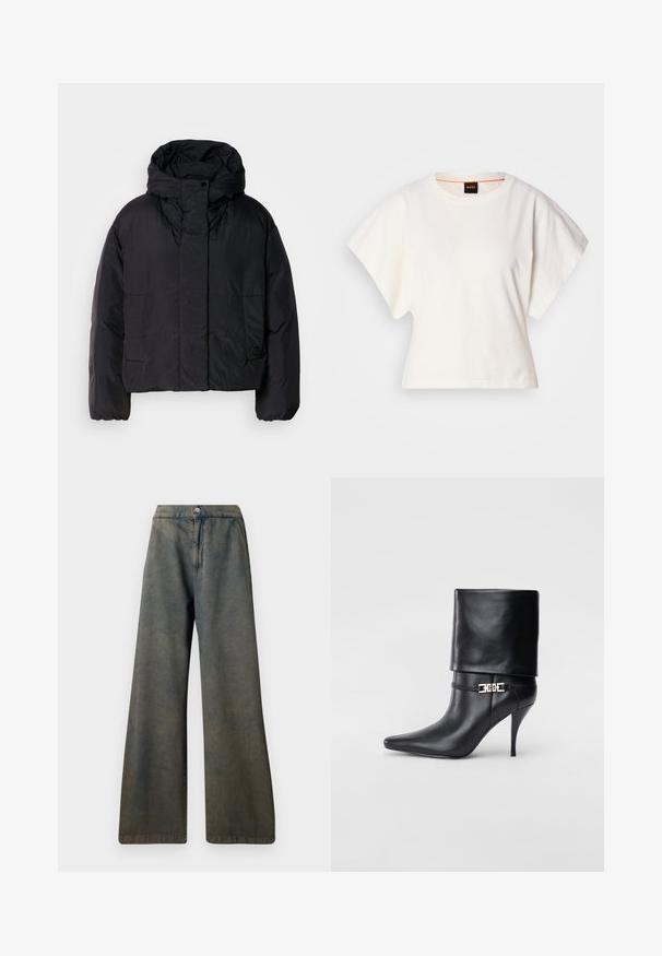 Melna pūka jaka ar augstu apkakli un kapuci, aprīkota ar divām priekšējām kabatām un elastīgam aprocēm. Gluda, viegla auduma struktūra ar matētu apdari.; Balts īsais T-krekls, plašas īsas piedurknes, mīksts kokvilnas materiāls, apaļa kakla izgriezums ar delikātu oranžu apdari, minimāls dizains, bez rakstiem vai grafikām.; Platas kājas bikses no denima, ar izbalējušu zila pelēka krāsu, pogu aizdari un taisnām šuvēm. Tekstūrēta auduma ar maigu spīdumu.; Melnas ādas potīšu zābaki ar smailu purngalu, augstu stiletto papēdi, salocītu aproci un zeltītu dekoratīvu sprādzi uz potītes.