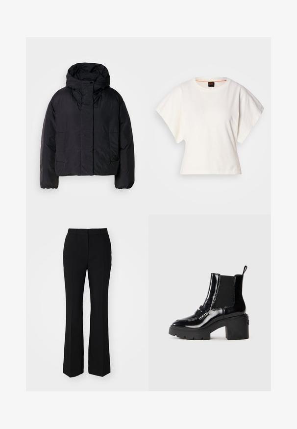 Mustat puhallinjakku korkealla kauluksella ja hupulla, jossa on kaksi etutaskua ja joustavat hihansuut. Liukas, kevyt materiaali, jossa on matta pinta.; Valkoinen lyhythihainen t-paita, leveät lyhyet hihat, pehmeää puuvillamateriaalia, pyöreä pääntie jossa hienovarainen oranssi reunus, minimaalinen muotoilu, ei kuvioita tai graafisia elementtejä.; Mustat räätälöidyt housut lainehtivalla muodolla. Valmistettu sileästä kankaasta, jossa on etupuolen taitokset ja tasainen vyötärö. Ei näkyviä taskuja.; Musta patenttisaapas nilkkapituisella, paksulla korolla, venyvä sivupaneeli, koristeellinen hihna ja kontrastiväriset ompeleet. Sileä pinta, joka tuo kiiltävän viimeistelyn.