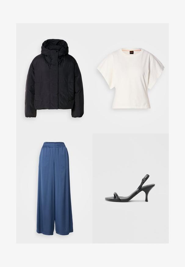 Black puffer jacket with a high collar and hood, featuring two front pockets and elastic cuffs. Smooth, lightweight material with a matte finish.; White cropped T-shirt, short wide sleeves, soft cotton material, round neckline with subtle orange trim, minimal design, no patterns or graphics.; Wide-leg pants in a deep blue color, made from soft fabric. Features an elastic waistband and a loose, flowing silhouette.; Black leather high-heeled sandals with a slim, curved heel and a crossed strap design. Adjustable ankle strap. Smooth texture.