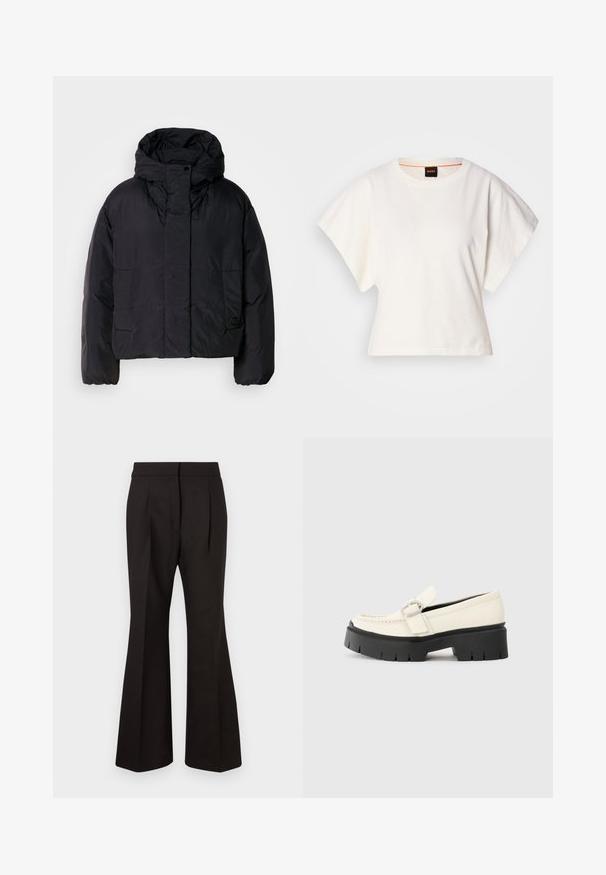 Casaco puffer preto com colarinho alto e capuz, apresentando dois bolsos frontais e punhos elásticos. Material suave e leve com um acabamento mate.; T-shirt branco cropped, mangas curtas e largas, material de algodão suave, decote redondo com um discreto acabamento laranja, design minimalista, sem padrões ou gráficos.; Calças pretas em corte flare com uma textura suave, apresentam uma cintura alta, bolsos laterais e pregas frontais para um detalhe de design adicional.; Mocassim de couro branco com sola plataforma preta robusta, apresentando uma fivela retangular prateada e detalhes de costura visíveis na parte superior.