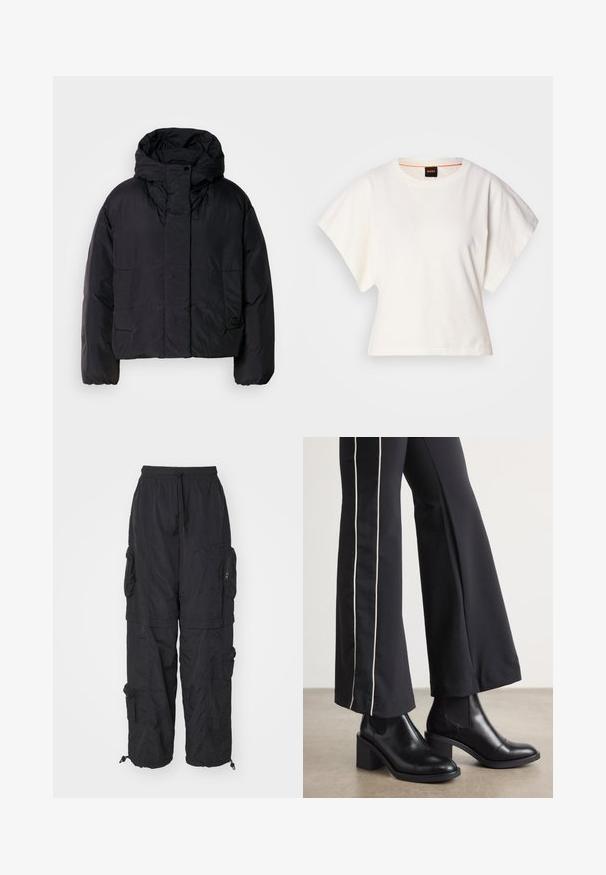 Melna pūka jaka ar augstu apkakli un kapuci, aprīkota ar divām priekšējām kabatām un elastīgam aprocēm. Gluda, viegla auduma struktūra ar matētu apdari.; Balts īsais T-krekls, plašas īsas piedurknes, mīksts kokvilnas materiāls, apaļa kakla izgriezums ar delikātu oranžu apdari, minimāls dizains, bez rakstiem vai grafikām.; Melnas kokvilnas bikses, izgatavotas no viegla materiāla, ar vairākiem kabatām ar rāvējslēdzējiem, elastīgu jostasvietu un regulējamiem potīšu apkaklēm.; Melnas ādas potīšu zābaki ar blokveida papēdi, aprīkoti ar elastīgām sānu paneļiem. Kombinēti ar melniem biksēm, kuru sānos ir baltas svītras.