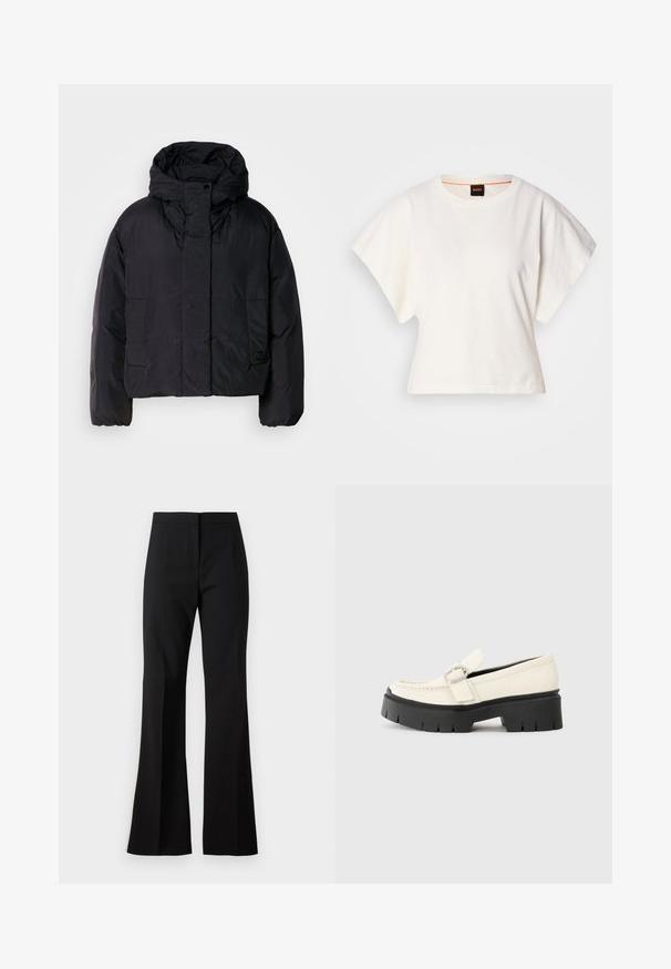 Veste matelassée noire avec un col haut et une capuche, dotée de deux poches avant et de poignets élastiques. Matériau lisse et léger avec une finition mate.; T-shirt blanc cintré, manches courtes et larges, en coton doux, décolleté rond avec une discrète bordure orange, design minimaliste, sans motifs ni graphiques.; Pantalons évasés noirs en tissu lisse, présentant une taille plate et des lignes épurées. La taille est conçue pour une silhouette ajustée sans embellissements.; Loafer en cuir blanc avec une semelle plateforme noire épaisse, présentant une boucle rectangulaire en argent et des détails de couture visibles sur la tige.