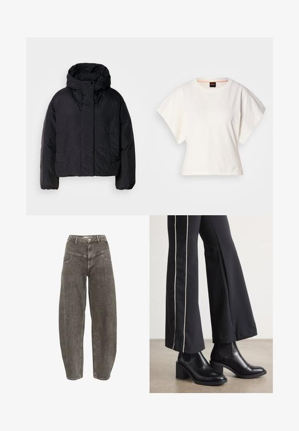 Mustavillane puhvis jope, millel on kõrge krae ja kapuuts, kahel esifliisil ja elastsete mansettidega. Sile, kerge materjal mattpinnaga.; Valge lühikeste laiadte varrukatega lühike T-särk, pehme puuvillane materjal, ümar kaelus kergelt oranži ääristusega, minimaalne disain, ilma mustrite ja graafikateta.; Gestuz JOSIE BARREL - Wide leg - greige denim wash; Mustad nahast pahklu_bootid, millel on ploki konts ja elastsed külgpaneelid. Kombineeritud mustade pükstega, millel on valge küljeriba.