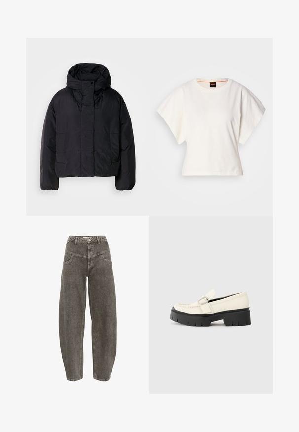 Melna pūka jaka ar augstu apkakli un kapuci, aprīkota ar divām priekšējām kabatām un elastīgam aprocēm. Gluda, viegla auduma struktūra ar matētu apdari.; Balts īsais T-krekls, plašas īsas piedurknes, mīksts kokvilnas materiāls, apaļa kakla izgriezums ar delikātu oranžu apdari, minimāls dizains, bez rakstiem vai grafikām.; Gestuz JOSIE BARREL - Džinsi ar platām starām - greige denim wash; Baltā ādas loafera ar masīvu melnu platformu, ar taisnstūra sudraba sprādzi un redzamām šuvām augšējā daļā.
