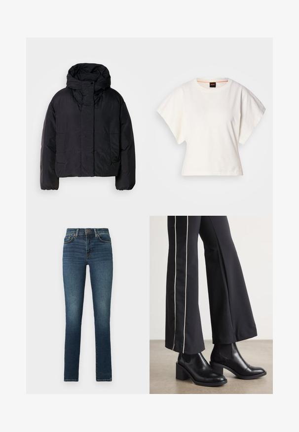 Mustavillane puhvis jope, millel on kõrge krae ja kapuuts, kahel esifliisil ja elastsete mansettidega. Sile, kerge materjal mattpinnaga.; Valge lühikeste laiadte varrukatega lühike T-särk, pehme puuvillane materjal, ümar kaelus kergelt oranži ääristusega, minimaalne disain, ilma mustrite ja graafikateta.; Tumedate teksad, millel on veidi pleekinud esikülg. Omab klassikalist viit taskut ning lukuga ning nööbiga sulgemist.; Mustad nahast pahklu_bootid, millel on ploki konts ja elastsed külgpaneelid. Kombineeritud mustade pükstega, millel on valge küljeriba.