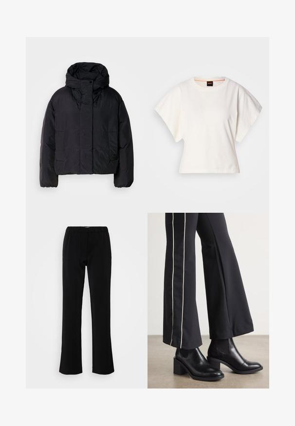 Fekete puffert zakó magas gallérral és kapucnival, két elülső zsebbel és rugalmas mandzsettákkal. Simább, könnyű anyag matt felülettel.; Fehér, rövid, bő ujjú, crop szabású póló, puha pamut anyagból, kerek nyakkivágással, finom narancssárga díszítéssel, minimalista dizájn, minta vagy grafika nélkül.; Fekete, harang alakú nadrág sima anyagból készül. Rugalmas derékrésszel rendelkezik a kényelem érdekében, és letisztult, egyszerű sziluettje van.; Fekete bőr bokacsizma, tömbsarkúval, oldalán rugalmasszal ellátott panelek találhatók. Fekete nadrággal párosítva, amelynek fehér oldalsávja van.