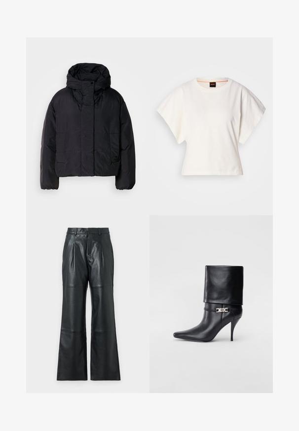 Mustavillane puhvis jope, millel on kõrge krae ja kapuuts, kahel esifliisil ja elastsete mansettidega. Sile, kerge materjal mattpinnaga.; Valge lühikeste laiadte varrukatega lühike T-särk, pehme puuvillane materjal, ümar kaelus kergelt oranži ääristusega, minimaalne disain, ilma mustrite ja graafikateta.; JOOP! LORENA - Nahkpüksid - black; Mustad nahast pahkluu saapad terava nina, kõrge stilettokanna, volditud äärega ja kuldse dekoratiivse pandlaga pahkluul.