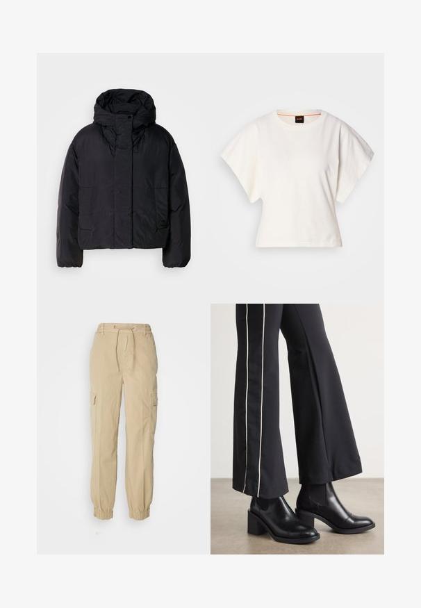 Geacă puffer neagră cu guler înalt și glugă, având două buzunare frontale și manșete elastice. Material neted, ușor, cu un finisaj mat.; Tricou alb scurt, cu mâneci scurte și largi, din bumbac moale, cu decolteu rotund și un finisaj subtil portocaliu, design minimalist, fără modele sau grafice.; HUGO HISUNE - Pantaloni cargo - open beige; Bocanci de piele negri până la gleznă, cu toc pătrat, având panouri elastice pe laterale. Asortați cu pantaloni negri care au o dungi albă pe lateral.