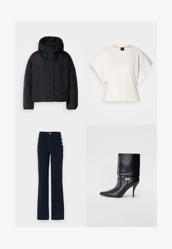Schwarze Puffjacke mit hohem Kragen und Kapuze, ausgestattet mit zwei Fronttaschen und elastischen Bündchen. Glattes, leichtes Material mit matter Oberfläche.; Weißes, kurzes T-Shirt, kurze weite Ärmel, weicher Baumwollstoff, runder Ausschnitt mit subtilen orangefarbenen Akzenten, minimales Design, keine Muster oder Grafiken.; Guess NEW - Flared Jeans - suiting blue; Schwarze Leder-Ankle-Boots mit spitzer Zehenpartie, hohen Stiletto-Absätzen, umgeschlagenem Schaft und einem goldenen dekorativen Schnallen-Detail an der Knöchel.