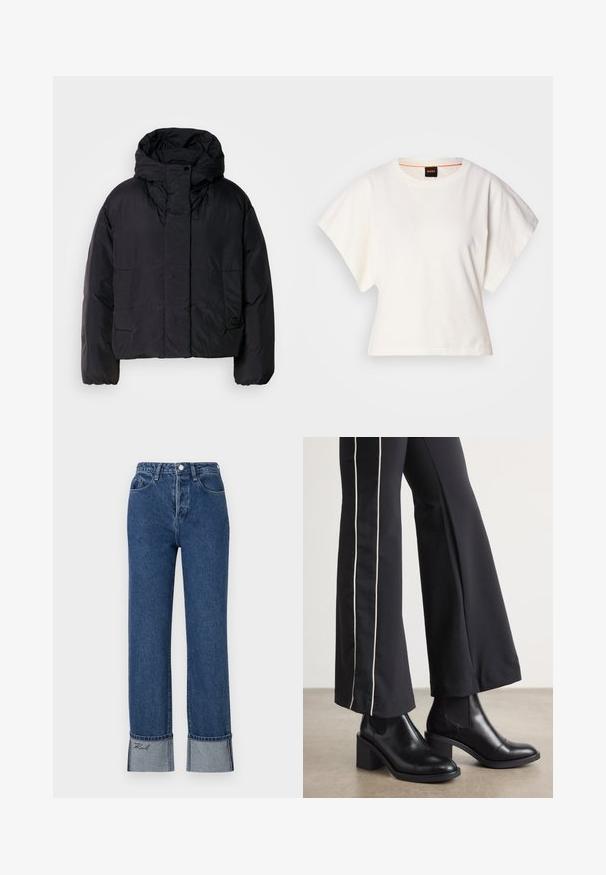 Mustavillane puhvis jope, millel on kõrge krae ja kapuuts, kahel esifliisil ja elastsete mansettidega. Sile, kerge materjal mattpinnaga.; Valge lühikeste laiadte varrukatega lühike T-särk, pehme puuvillane materjal, ümar kaelus kergelt oranži ääristusega, minimaalne disain, ilma mustrite ja graafikateta.; Sinine denimist püksid kõrge vöökohaga, sirge säärega, volditud äärtega, millel on kontrastne heledamat sinist kangast detail ja tikandid äärtel.; Mustad nahast pahklu_bootid, millel on ploki konts ja elastsed külgpaneelid. Kombineeritud mustade pükstega, millel on valge küljeriba.