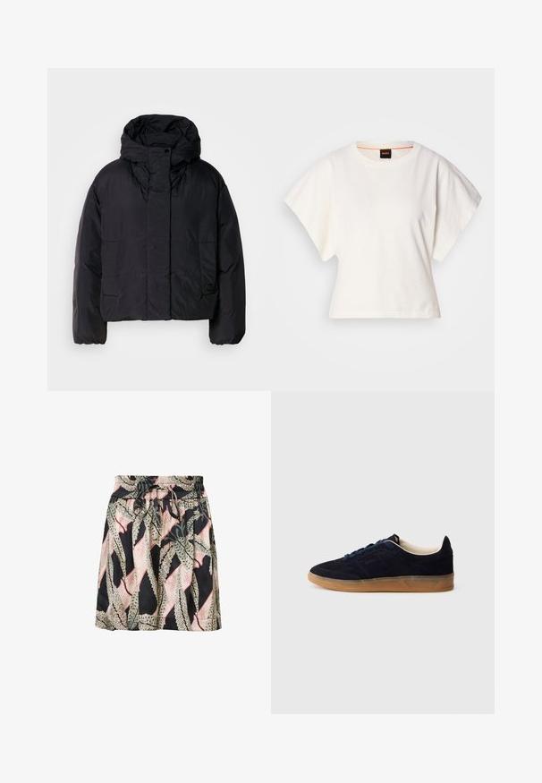 Geacă puffer neagră cu guler înalt și glugă, având două buzunare frontale și manșete elastice. Material neted, ușor, cu un finisaj mat.; Tricou alb scurt, cu mâneci scurte și largi, din bumbac moale, cu decolteu rotund și un finisaj subtil portocaliu, design minimalist, fără modele sau grafice.; Fustă cu imprimeu floral pe fundal negru, talie elastică, detaliu cu șiret și o textură ușoară, netedă.; Pantof sport din piele întoarsă bleumarin cu talpă din cauciuc gumă, șireturi albastre și design minimalist. Prezintă un logo în relief pe lateral și o căptușeală interioară netedă.