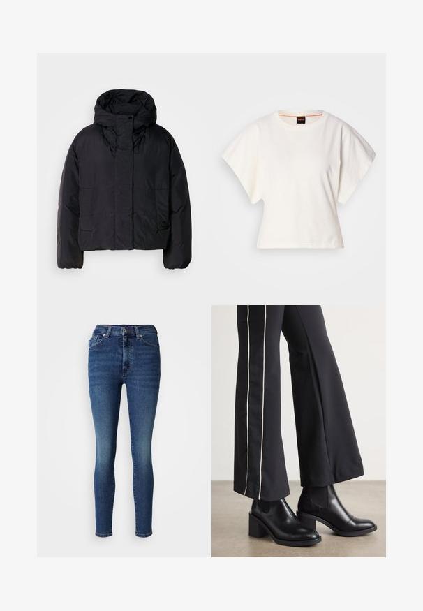 Casaco puffer preto com colarinho alto e capuz, apresentando dois bolsos frontais e punhos elásticos. Material suave e leve com um acabamento mate.; T-shirt branco cropped, mangas curtas e largas, material de algodão suave, decote redondo com um discreto acabamento laranja, design minimalista, sem padrões ou gráficos.; Calças de ganga azuis de cintura alta e corte justo. Apresentam um design clássico de cinco bolsos, fecho com zíper e um leve desgaste na parte da frente.; Botas de tornozelo em couro preto com um salto bloco, apresentando painéis laterais elásticos. Combinadas com calças pretas que têm uma faixa lateral branca.