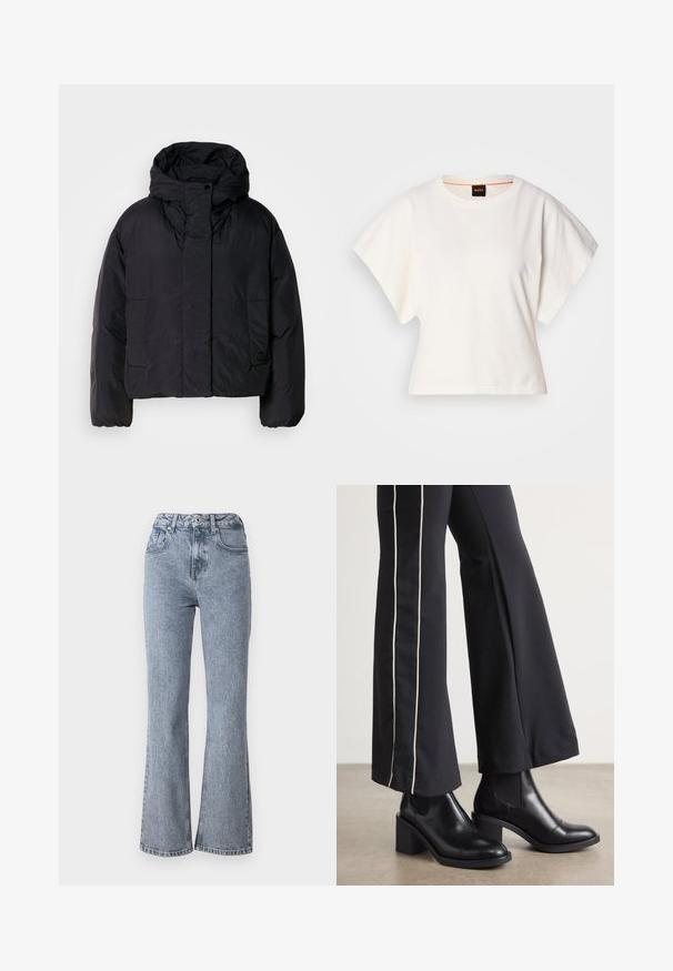 Mustavillane puhvis jope, millel on kõrge krae ja kapuuts, kahel esifliisil ja elastsete mansettidega. Sile, kerge materjal mattpinnaga.; Valge lühikeste laiadte varrukatega lühike T-särk, pehme puuvillane materjal, ümar kaelus kergelt oranži ääristusega, minimaalne disain, ilma mustrite ja graafikateta.; Laiendatud helesinised teksad denimist, millel on kõrge vöökoht, eesmine tasku ja klassikaline viie tasku disain, millel on kerge pleekimine.; Mustad nahast pahklu_bootid, millel on ploki konts ja elastsed külgpaneelid. Kombineeritud mustade pükstega, millel on valge küljeriba.