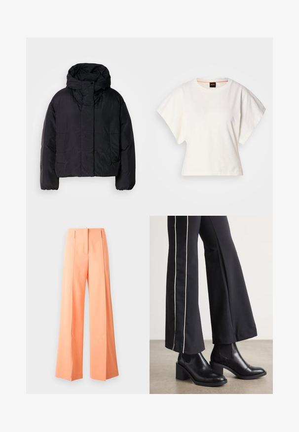 Melna pūka jaka ar augstu apkakli un kapuci, aprīkota ar divām priekšējām kabatām un elastīgam aprocēm. Gluda, viegla auduma struktūra ar matētu apdari.; Balts īsais T-krekls, plašas īsas piedurknes, mīksts kokvilnas materiāls, apaļa kakla izgriezums ar delikātu oranžu apdari, minimāls dizains, bez rakstiem vai grafikām.; Platas kājas bikses pasteļoranžā krāsā, ar pielāgotu dizainu un krokām, izgatavotas no gludas auduma. Iekļauj sānu kabatas un precīzi apgrieztu apakšmalu.; Melnas ādas potīšu zābaki ar blokveida papēdi, aprīkoti ar elastīgām sānu paneļiem. Kombinēti ar melniem biksēm, kuru sānos ir baltas svītras.
