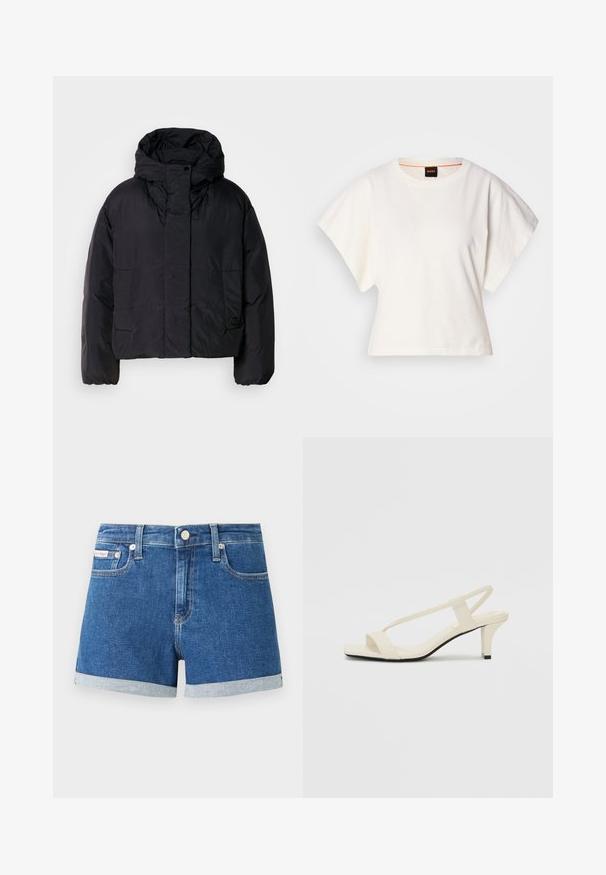 Melna pūka jaka ar augstu apkakli un kapuci, aprīkota ar divām priekšējām kabatām un elastīgam aprocēm. Gluda, viegla auduma struktūra ar matētu apdari.; Balts īsais T-krekls, plašas īsas piedurknes, mīksts kokvilnas materiāls, apaļa kakla izgriezums ar delikātu oranžu apdari, minimāls dizains, bez rakstiem vai grafikām.; Tumši zili denima šorti ar uzvērtiem malām. Iespējas ar pogu aizdari un priekšējiem kabatām. Gluda tekstūra ar smalkiem šuvju detalizējumiem.; Beige bloku papēžu sandales ar plānām siksnām un kvadrāta formas purngalu. Gluda materiāla virsma ar minimālām detaļām, paredzētas ērtai nēsāšanai.