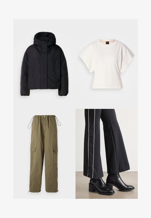 Fekete puffert zakó magas gallérral és kapucnival, két elülső zsebbel és rugalmas mandzsettákkal. Simább, könnyű anyag matt felülettel.; Fehér, rövid, bő ujjú, crop szabású póló, puha pamut anyagból, kerek nyakkivágással, finom narancssárga díszítéssel, minimalista dizájn, minta vagy grafika nélkül.; Olíva zöld cargo nadrág elasztikus derékpánttal, húzózsinórral és zsebekkel mindkét oldalán; könnyű, texturált anyagból készült.; Fekete bőr bokacsizma, tömbsarkúval, oldalán rugalmasszal ellátott panelek találhatók. Fekete nadrággal párosítva, amelynek fehér oldalsávja van.
