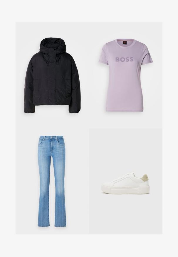 Fekete puffert zakó magas gallérral és kapucnival, két elülső zsebbel és rugalmas mandzsettákkal. Simább, könnyű anyag matt felülettel.; Levendula színű, rövid ujjú környakú póló, a mellkasán "BOSS" felirattal és fekete címkével narancssárga szöveggel a nyakkivágásban.; Világoskék, bővülő szárú farmernadrág magas derekú, öt zsebes kialakítással, elöl gombos záródással és enyhén kopott, kissé elhasználódott textúrával.; Fehér sneaker sima bőr felsőrésszel, világosszürke velúr sarkú kiegészítéssel és masszív fehér gumitalppal. Fűzős kialakítású.