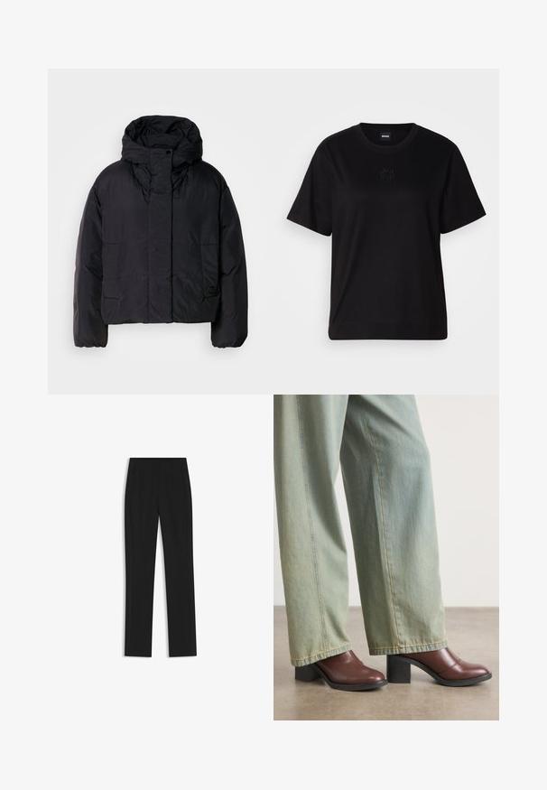 Svart pufferjacka med hög hals och huva, med två framfickor och elastiska ärmar. Slätt, lätt material med en matt finish.; Svart bomullströja med rund halsringning, korta ärmar och en broderad logotyp på bröstet. Enkel, avslappnad passform utan mönster.; Svarta skräddarsydda byxor med rak bendesign, som har framfickor och ett slätt, strukturerat tyg. Prydlig, minimal detaljer.; Bruna läderskor med klack och fyrkantig tå, med strukturerad svart blockklack, i kombination med ljusblå vida jeans.