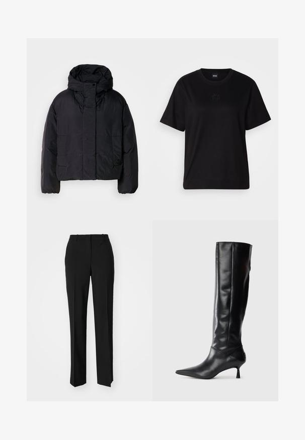 Black puffer jacket with a high collar and hood, featuring two front pockets and elastic cuffs. Smooth, lightweight material with a matte finish.; Black cotton t-shirt with a crew neckline, short sleeves, and an embroidered logo on the chest. Simple, relaxed fit with no patterns.; Black tailored trousers with a straight-leg design, featuring a smooth texture and crisp creases along the front. No visible hardware.; Black leather knee-high boot with a pointed toe and slim curved heel. Smooth texture, fitted design, and no visible hardware or patterns.