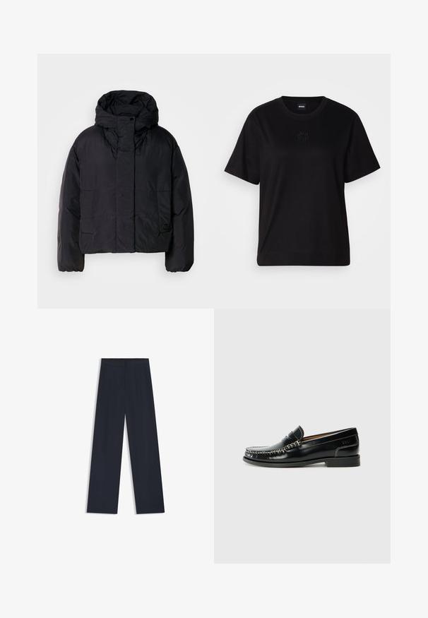 Czarna kurtka puchowa z wysokim kołnierzem i kapturem, z dwiema przednimi kieszeniami i elastycznymi mankietami. Gładki, lekki materiał o matowym wykończeniu.; Czarny bawełniany t-shirt z okrągłym dekoltem, krótkimi rękawami i haftowanym logo na piersi. Prosty, luźny krój bez wzorów.; Granatowe spodnie o szerokich nogawkach z elastycznym pasem, dwiema bocznymi kieszeniami oraz gładką, tkana fakturą. Brak widocznych wzorów lub detali z metalu.; Czarne skórzane mokasyny z haftowanym wzorem, gładkim wykończeniem, niskim blokowym obcasem i srebrnymi akcentami. Klasyczny, zaokrąglony kształt noska.