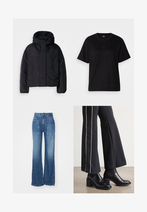 Črna pufasta jakna z visokim ovratnikom in kapuco, ki ima dva sprednja žepa in elastične manšete. Gladek, lahek material z mat površino.; Črna bombažna majica s krožnim izrezom, kratkimi rokavi in izvezenim logotipom na prsih. Preprosta, sproščena silhueta brez vzorcev.; Visoko pasovi modri traper hlače širokega kroja, ki imajo dva sprednja žepa, kontrastno šivanje in neobdelan rob na dnu.; Črne usnjene gležnjarje s blok peto, z elastičnimi stranskimi paneli. Kombinirane s črnimi hlačami, ki imajo bele stranske črte.