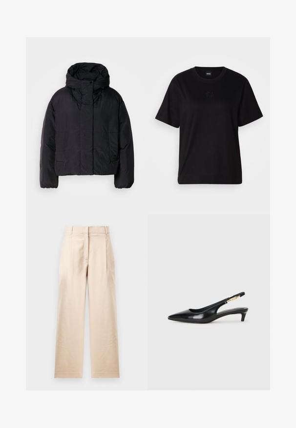 Geacă puffer neagră cu guler înalt și glugă, având două buzunare frontale și manșete elastice. Material neted, ușor, cu un finisaj mat.; T-shirt negru din bumbac, cu guler rotund, mâneci scurte și un logo brodat pe piept. Design simplu, cu o croială relaxată și fără modele.; Pantaloni bej din material netedom. Au o croială dreaptă, față plată și două pliuri. Fără modele vizibile sau accesorii.; Sandale slingback din piele neagră cu vârf ascuțit, având un toc subțire și un accent de culoare aurie pe curea ajustabilă. Textură netedă.