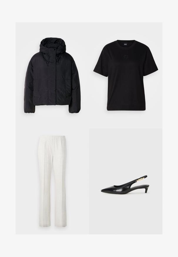 Giacca a vento nera con colletto alto e cappuccio, dotata di due tasche frontali e polsini elasticizzati. Materiale liscio e leggero con finitura opaca.; Maglietta in cotone nera con scollatura tonda, maniche corte e logo ricamato sul petto. Design semplice e vestibilità rilassata senza motivi.; Pantaloni chiari a gamba dritta con una texture liscia, caratterizzati da pieghe frontali e un design della vita pulito.; Tacchi slingback in pelle nera con punta affusolata, caratterizzati da un tacco alto e un accento dorato sulla cinghia regolabile. Texture liscia.