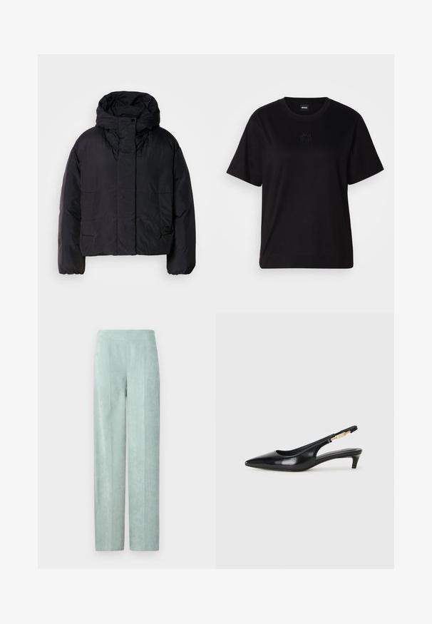 Black puffer jacket with a high collar and hood, featuring two front pockets and elastic cuffs. Smooth, lightweight material with a matte finish.; Black cotton t-shirt with a crew neckline, short sleeves, and an embroidered logo on the chest. Simple, relaxed fit with no patterns.; DRYKORN BEFORE - Trousers - blue; Black leather slingback heels with a pointed toe, featuring a slim heel and a gold-tone accent on the adjustable strap. Smooth texture.