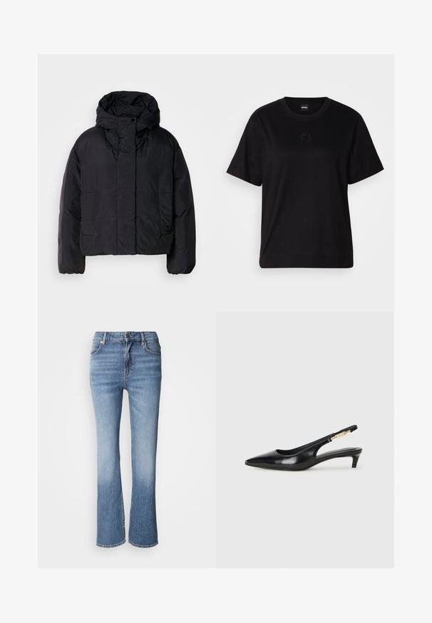 Črna pufasta jakna z visokim ovratnikom in kapuco, ki ima dva sprednja žepa in elastične manšete. Gladek, lahek material z mat površino.; Črna bombažna majica s krožnim izrezom, kratkimi rokavi in izvezenim logotipom na prsih. Preprosta, sproščena silhueta brez vzorcev.; Svetlo modri kavbojki z razširjenimi hlačnicami, ki imajo zapenjanje na gumb, pet žepov in subtilno zbledelost ob stegnu.; Črne usnjene sandale na peto z ostro konico, ki imajo tanko peto in zlat ton na nastavljivem traku. Gladka tekstura.