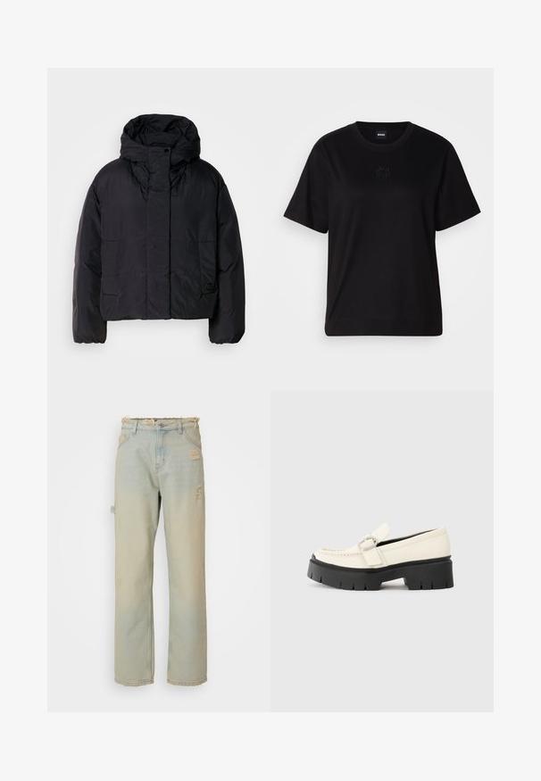 Black puffer jacket with a high collar and hood, featuring two front pockets and elastic cuffs. Smooth, lightweight material with a matte finish.; Black cotton t-shirt with a crew neckline, short sleeves, and an embroidered logo on the chest. Simple, relaxed fit with no patterns.; Distressed light blue denim jeans with a high waist, frayed hems, and visible rips. Features a straight-leg cut and traditional pockets.; White leather loafer with a chunky black platform sole, featuring a rectangular silver buckle and visible stitching detail on the upper.
