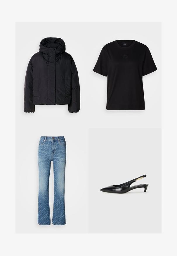 Melna pūka jaka ar augstu apkakli un kapuci, aprīkota ar divām priekšējām kabatām un elastīgam aprocēm. Gluda, viegla auduma struktūra ar matētu apdari.; Melna kokvilnas T-krekls ar apaļu izgriezumu, īsām piedurknēm un izšūtu logotipu uz krūtīm. Vienkāršs, brīvs piegriezums bez rakstiem.; Izliekuma zila džinsa bikses ar gaismu mazgāšanu, diagonālu balto tekstu rakstu, piecu kabatu dizainu un metāla pogu aizdari.; Melnas ādas slingback zābaki ar smailu purngalu, ar šauru papēdi un zelta krāsas akcentu uz regulējama siksniņas. Gluda tekstūra.