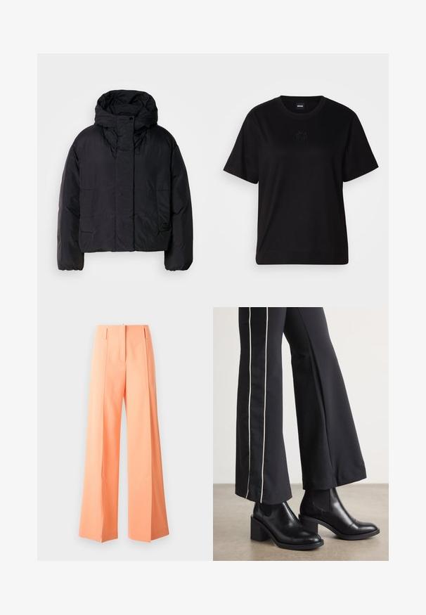 Čierna puffrová bunda s vysokým golierom a kapucňou, so zapracovanými dvoma prednými vreckami a elastickými manžetami. Hladký, ľahký materiál s matným povrchom.; Čierne bavlnené tričko s okrúhlym výstrihom, krátkymi rukávmi a vyšívaným logom na hrudi. Jednoduchý, voľný strih bez vzorov.; Široké nohavice v pastelovo oranžovej farbe, strihovaná konštrukcia s skladmi, vyrobené z hladkej tkaniny. Obsahuje bočné vrecká a detailovaný rovný lem.; Čierne kožené členkové topánky s blokovým podpätkom, vybavené elastickými bočnými panelmi. Skombinované s čiernymi nohavicami, ktoré majú biely bočný pruh.