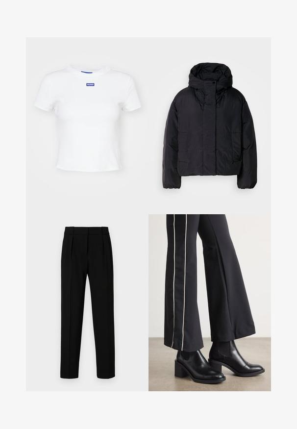 Geacă puffer neagră cu guler înalt și glugă, având două buzunare frontale și manșete elastice. Material neted, ușor, cu un finisaj mat.; Cămașă albă din bumbac cu mâneci scurte, decolteu rotund și un patch rectangular albastru cu inscripția "HUGO" în centrul frontal.; Pantaloni negri personalizați, cu o croială dreaptă, față pliată, țesătură lucioasă și talie medie. Fără buzunare vizibile sau detalii de metal.; Bocanci de piele negri până la gleznă, cu toc pătrat, având panouri elastice pe laterale. Asortați cu pantaloni negri care au o dungi albă pe lateral.