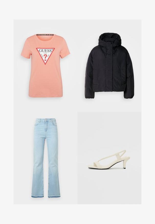 Black puffer jacket with a high collar and hood, featuring two front pockets and elastic cuffs. Smooth, lightweight material with a matte finish.; Peach-colored cotton t-shirt with short sleeves, round neckline, featuring a triangular logo in red and black with "GUESS U.S.A." text.; Light blue flared jeans made of denim, featuring a high waist, front pockets, and a raw hem at the cuffs for a casual look.; Beige block-heeled sandals with thin straps and a square toe. Smooth material with minimal detailing, designed for easy wear.