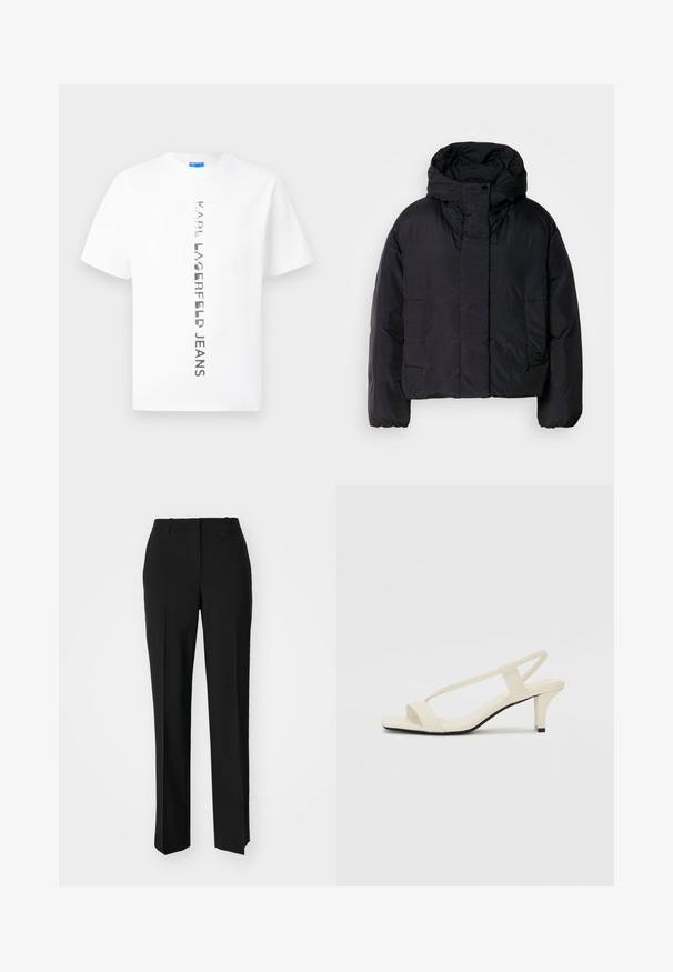 Svart pufferjacka med hög hals och huva, med två framfickor och elastiska ärmar. Slätt, lätt material med en matt finish.; Vit kortärmad t-shirt med vertikal svart text "KARL LAGERFELD JEANS" centrerad på framsidan.; Svarta skräddarsydda byxor med rak benform, med en slät yta och skarpa veck fram. Ingen synlig hårdvara.; Beige blockklackade sandaler med tunna remmar och fyrkantig tå. Slätt material med minimal detaljering, utformade för enkel användning.