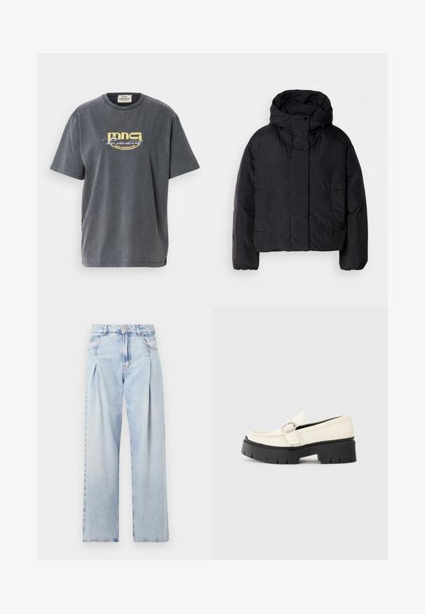 Fekete puffert zakó magas gallérral és kapucnival, két elülső zsebbel és rugalmas mandzsettákkal. Simább, könnyű anyag matt felülettel.; Szürke pamut póló rövid ujjakkal. Az elején egy sárga grafikával, amelyen a "MNG Paradise Disco Dancing Club" felirat olvasható.; Világoskék farmernadrág magas derekú, bő szabású, két oldalsó zsebbel és pliszírozott dizájnnal. Puha tapintású, elhalványított felület.; Fehér bőr lófarok, vastag fekete platform talppal, téglalap alakú ezüst csattal és látható varrás részletekkel a felső részen.