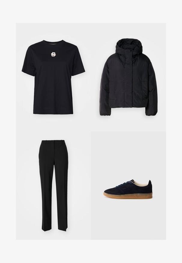 Sort pufferjakke med høj krave og hætte, der har to forlommer og elastiske manchetter. Glat, let materiale med mat finish.; Sort bomulds T-shirt med korte ærmer, rund halsudskæring og et lille broderet logo i hvidt og guld på brystet.; Sorte skræddersyede bukser med lige ben-design, der har en glat tekstur og skarpe folder langs fronten. Ingen synlige hardware.; Marineblå ruskindssneaker med gummisål, blå snørebånd og minimalistisk design. Indeholder præget logo på siden og glat inderfor.