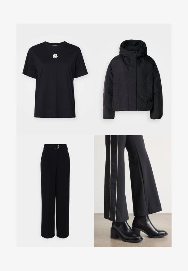 Mustavillane puhvis jope, millel on kõrge krae ja kapuuts, kahel esifliisil ja elastsete mansettidega. Sile, kerge materjal mattpinnaga.; Must t-särk mustast puuvillast, lühikeste varrukatega, ümmargune kaelus ja rinnal väike valge ja kuldne tikand.; Mustad mustad püksid laia sääre kujundusega, millel on hõbedane kinnitusega vöö, voldid ja sile kangas.; Mustad nahast pahklu_bootid, millel on ploki konts ja elastsed külgpaneelid. Kombineeritud mustade pükstega, millel on valge küljeriba.