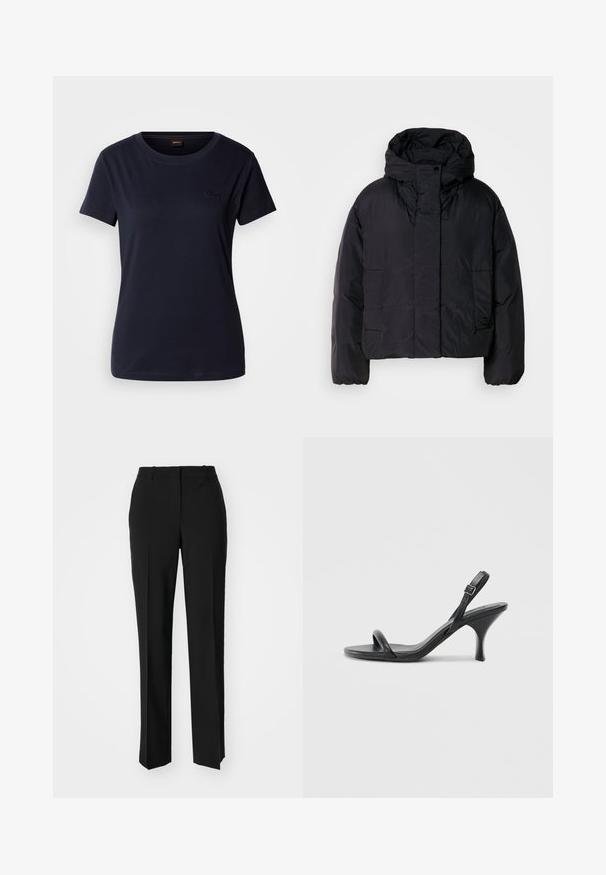 Casaco puffer preto com colarinho alto e capuz, apresentando dois bolsos frontais e punhos elásticos. Material suave e leve com um acabamento mate.; T-shirt de manga curta azul-marinho, feito de algodão, com decote redondo e um pequeno logótipo bordado no peito. Textura suave.; Calças pretas de corte ajustado com um design de perna reta, apresentando uma textura lisa e pregas bem definidas na frente. Sem hardware visível.; Sandálias de salto alto em couro preto com um salto curvado e fino e um design de tiras cruzadas. Correia ajustável no tornozelo. Textura suave.