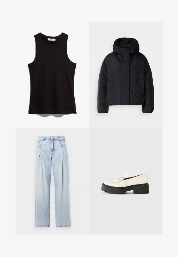 Sort pufferjakke med høj krave og hætte, der har to forlommer og elastiske manchetter. Glat, let materiale med mat finish.; Sort tanktop lavet af ribbet stof. Har en rundt halsudskæring og brede ærmegab. Lige søm med syede detaljer. Enkel design.; Lyseblå denim jeans med høj talje, bred benåbning, to sidelommer og plisseret design. Blød tekstur med et falmet finish.; Hvide læder loafers med en kraftig sort platformsål, der har en rektangulær sølvspænde og synlige syninger på overdelen.