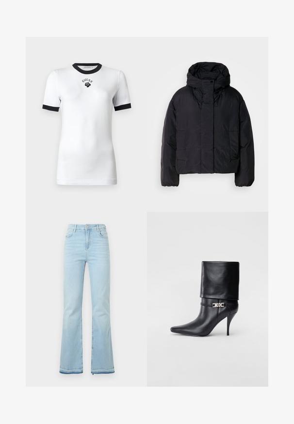 Zwarte pufferjack met een hoge kraag en capuchon, voorzien van twee voorzakken en elastische manchetten. Soepel, lichtgewicht materiaal met een matte afwerking.; Witte t-shirt met korte mouwen, zwarte kraag en manchetten, met "GUESS" tekst en een rozenafbeelding op de borst.; Lichtblauwe klokbroeken van denim, met een hoge taille, voorzakken en een ruwe zoom bij de boorden voor een casual uitstraling.; Zwarte leren enkelboot met een spitse neus, hoge stilettohak, opgevouwen manchet en een gouden decoratieve gespdetails op de enkel.