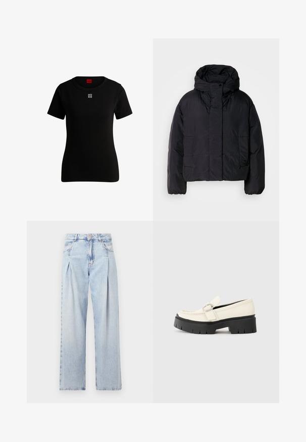 Czarna kurtka puchowa z wysokim kołnierzem i kapturem, z dwiema przednimi kieszeniami i elastycznymi mankietami. Gładki, lekki materiał o matowym wykończeniu.; Czarny t-shirt z krótkim rękawem, wykonany z miękkiej bawełny, z okrągłym dekoltem i małym białym logo "HUGO" na piersi. Klasyczny krój.; Jasnoniebieskie dżinsy z wysokim stanem, szerokimi nogawkami, dwoma bocznymi kieszeniami oraz plisowanym wzorem. Miękka tekstura z wyblakłym wykończeniem.; Białe skórzane mokasyny z grubą czarną platformą, z prostokątną srebrną klamrą i widocznym przeszyciem na cholewce.