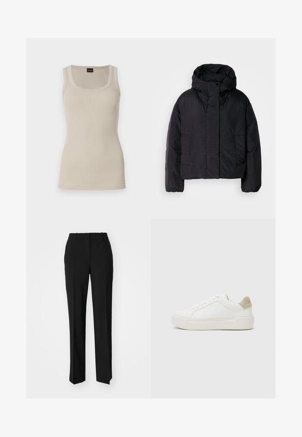 Black puffer jacket with a high collar and hood, featuring two front pockets and elastic cuffs. Smooth, lightweight material with a matte finish.; Ribbed tank top in light beige with a scoop neckline. Features a subtle 'BOSS' logo on the front. Made of soft, stretchy fabric.; Black tailored trousers with a straight-leg design, featuring a smooth texture and crisp creases along the front. No visible hardware.; White sneaker with a smooth leather upper, light grey suede heel accent, and a chunky white rubber sole. Features a lace-up design.