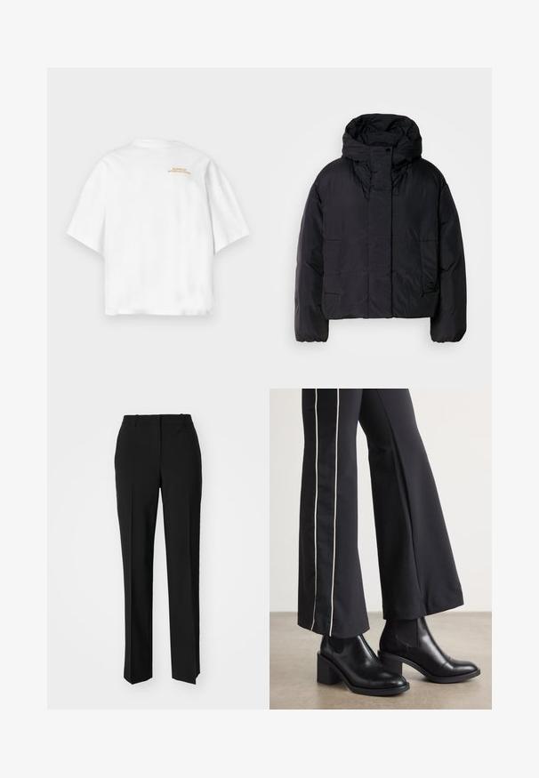 Mustavillane puhvis jope, millel on kõrge krae ja kapuuts, kahel esifliisil ja elastsete mansettidega. Sile, kerge materjal mattpinnaga.; Valge lühikeste varrukatega T-särk ümarate kaelustega. Ülaseljal on kullavärvi tekst "BARBOUR INTERNATIONAL". Sile puuvillane tekstuur.; Mustad ja sirged püksid, millel on sile tekstuur ja teravad voldid esiosas. Ilma nähtavate detailideta.; Mustad nahast pahklu_bootid, millel on ploki konts ja elastsed külgpaneelid. Kombineeritud mustade pükstega, millel on valge küljeriba.