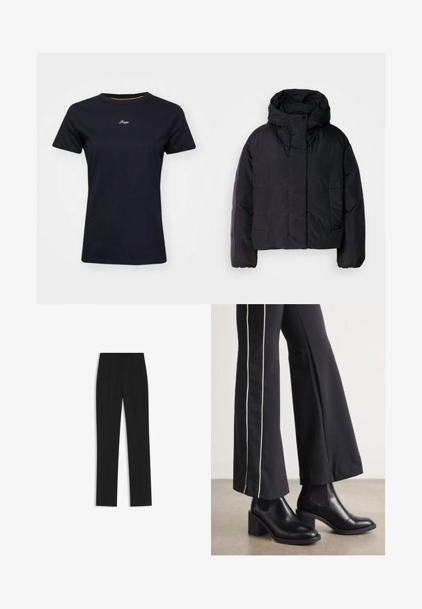 Svart pufferjacka med hög hals och huva, med två framfickor och elastiska ärmar. Slätt, lätt material med en matt finish.; Svart bomullströja med korta ärmar och rund halsringning. Har vit broderad text på framsidan och en orange accent inuti kragen.; Svarta skräddarsydda byxor med rak bendesign, som har framfickor och ett slätt, strukturerat tyg. Prydlig, minimal detaljer.; Svarta läderankelboots med klack, med elastiska sidopaneler. I kombination med svarta byxor som har en vit sidostrip.