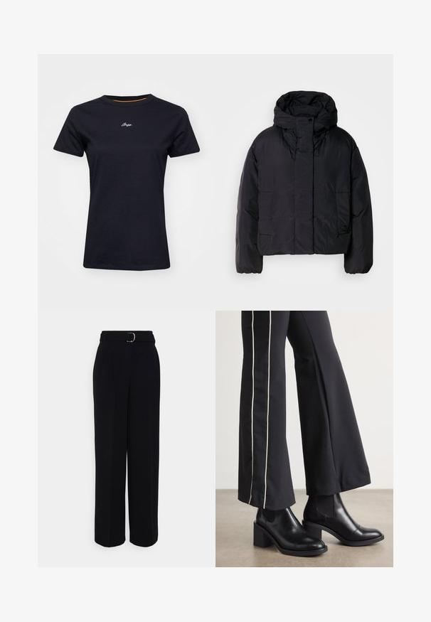 Mustavillane puhvis jope, millel on kõrge krae ja kapuuts, kahel esifliisil ja elastsete mansettidega. Sile, kerge materjal mattpinnaga.; Must have lühikeste varrukatega must puuvilla t-särk ja ümar kaelus. Ees on valge tikandtekst ja krae sees on oranž aktsent.; Mustad mustad püksid laia sääre kujundusega, millel on hõbedane kinnitusega vöö, voldid ja sile kangas.; Mustad nahast pahklu_bootid, millel on ploki konts ja elastsed külgpaneelid. Kombineeritud mustade pükstega, millel on valge küljeriba.