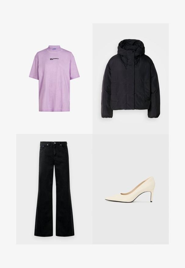 Black puffer jacket with a high collar and hood, featuring two front pockets and elastic cuffs. Smooth, lightweight material with a matte finish.; Lavender short-sleeve T-shirt with a high collar, featuring a black "KARL LAGERFELD JEANS" logo on the front. Soft, smooth texture.; Black denim flared jeans with a high waist, five-pocket design, and visible stitching details. Smooth texture with a slight sheen.; White leather high-heeled pump with a pointed toe, smooth texture, and black sole accent. Classic design with a moderate heel height.