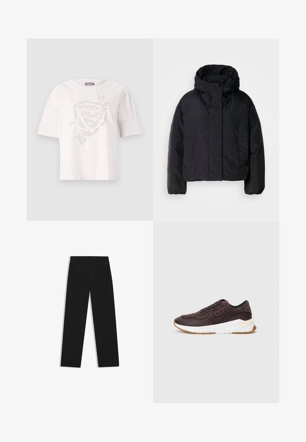 Black puffer jacket with a high collar and hood, featuring two front pockets and elastic cuffs. Smooth, lightweight material with a matte finish.; White short-sleeve T-shirt made of cotton, featuring a textured graphic design in a subtle metallic finish on the front.; Black wide-leg trousers made of smooth fabric, featuring side pockets and a flat front waistband for a streamlined look.; Dark brown sneaker with black lining, embossed logo on side, white thick sole, and gum-colored outsole on a plain background.