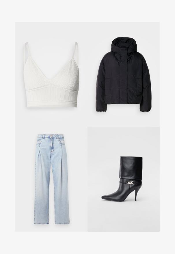 Geacă puffer neagră cu guler înalt și glugă, având două buzunare frontale și manșete elastice. Material neted, ușor, cu un finisaj mat.; Bralet alb din dantelă cu formă triangulară, având un material superior texturat și o bandă elastică cu nervuri, bretele ajustabile și un finisaj neted.; Jeans din denim albastru deschis cu talie înaltă, croială evazată, două buzunare laterale și un design pliat. Textură moale cu un finisaj decolorat.; Botine negre din piele, cu vârf ascuțit, toc înalt și subțire, cu manșetă pliată și un detaliu decorativ cu cataramă aurie la gleznă.